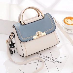 Fashion Colorblock Women Shoulder Bag With Metal Handle PU Leather Crossbody Handbag Elegant Bear Pendant Flap Square Bag
