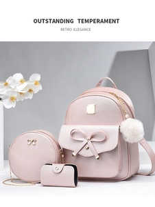 Detail view of pink 3-piece bag set with backpack, round crossbody, and small pouch