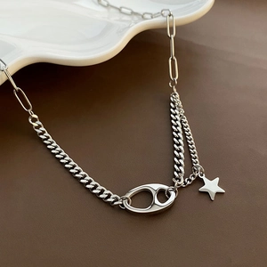 Stainless Steel Asymmetric Splicing Chain Necklace With Star Pendant And Pig Nose Horsebit Link Jewelry For Women