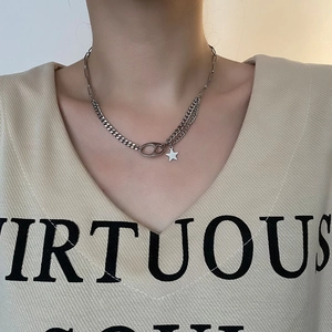 Minimalist silver titanium steel double chain necklace with star pendant for women