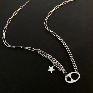 Minimalist silver steel necklace with star pendant and mixed chain link design