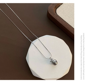 Pendentif pomme en argent poli sur une fine chaîne en métal et support blanc