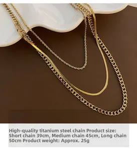Detailed view of triple-layered gold necklaces in snake, twist, and NK chain styles
