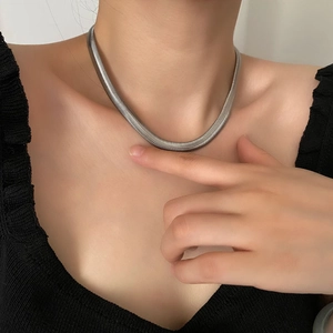 Modern silver stainless steel flat snake chain necklace worn on model's neck
