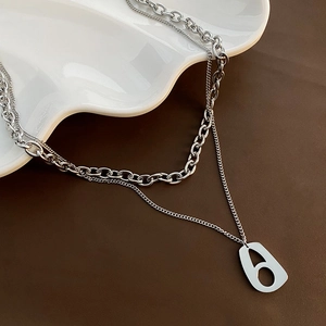 Double layer stainless steel necklace with geometric pendant for minimalist street style