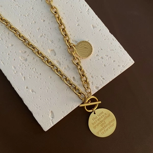 Gold plated OT buckle chain necklace with engraved grandmother and granddaughter pendants