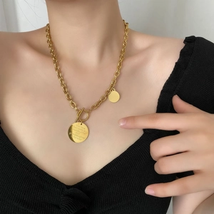 Gold stainless steel OT toggle necklace with grandmother and granddaughter engraved pendant