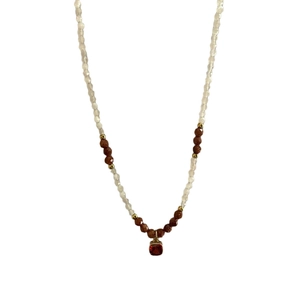 Natural stone beaded necklace with a red square gemstone pendant in a vintage style