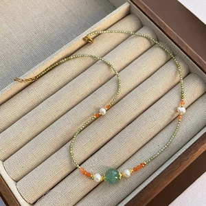 Handmade Freshwater Pearl Necklace With Green Zircon Beads Retro Niche Forest Style Stainless Steel Neck Chain For Women
