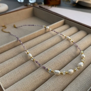 Purple Zircon Beaded Necklace With Baroque Freshwater Pearl Titanium Steel Retro Chinese Style Clavicle Chain For Women