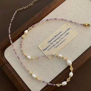 New Chinese style purple zircon and pearl necklace with stainless steel gold chain link