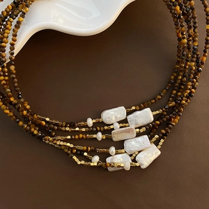 Collier Ras Du Cou Künstliche Perle Baroque Oeil De Tigre Agate Acier Titane Femmes Vintage Style Maillard Bijoux Faits Main