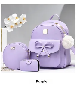 Three-piece purple PU leather backpack set including round crossbody bag and coin purse