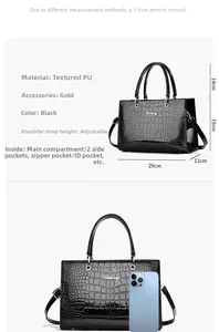Spécifications de taille du sac à main noir motif crocodile avec comparaison de téléphone