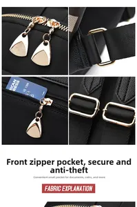 Close-up of black nylon backpack with golden double zippers and anti-theft pocket details