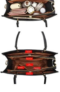Détail du sac à main noir motif crocodile avec grande capacité et poches intérieures