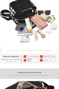 Detail view of large capacity nylon backpack showing compartments for tablet and umbrella