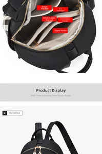 Detail view of the black oxford backpack with multi-layered compartments and gold zippers