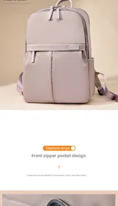 Detail of mauve nylon backpack showing multi-layer front zipper pockets for small items