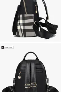 Detail of checkered side pocket and back view of the black nylon anti-theft backpack