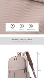 Detail showing waterproof nylon fabric texture and 36cm height dimensions of the grey backpack