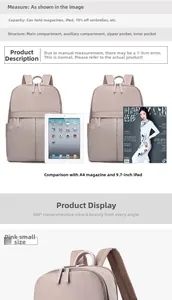 Detail of light pink backpack showing multi-layer compartments for A4 files and iPad