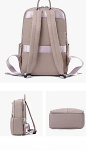 Detailed multi-angle views of khaki backpack showing back strap and side compartments