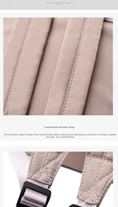 Detail of reinforced padded shoulder straps and durable stitching on a pink backpack