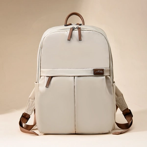 Large capacity beige travel laptop backpack for women with brown leather accents