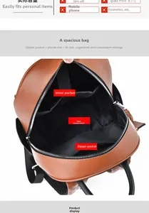 Détails de l'intérieur du sac à dos marron avec compartiments pour iPad et accessoires