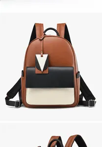 Vue avant et latérale d'un sac à dos bicolore en similicuir avec poche noire et boucles