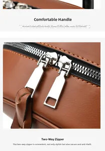 Détails du sac à dos en cuir marron avec poignée renforcée et double fermeture éclair argentée