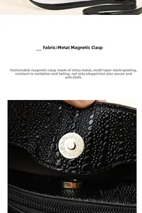 Detail of a golden magnetic hardware buckle on a black crocodile pattern handbag