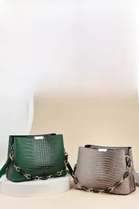 Detail of crocodile pattern leather handbags with stylish dual-tone chain straps