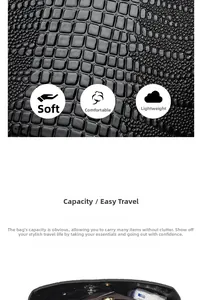 Detail view showing textured black crocodile leather and spacious interior compartments