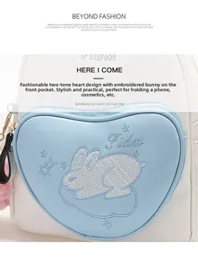 Detail of mini rabbit backpack featuring heart-shaped pocket and cute bunny embroidery