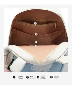 Detail view of the backpack interior with multiple storage compartments and branded lining