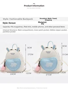 Size chart showing dimensions for small and large cute rabbit ears backpack in PU leather