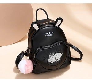 Detail of black mini faux leather backpack featuring cute bunny ears and a heart-shaped pocket