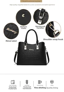 Detail view of black crocodile pattern tote bag with gold hardware and reinforced handle