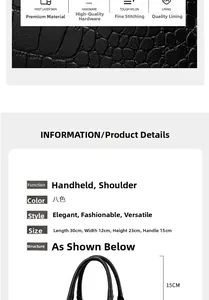 Detailed chart showing black crocodile leather handbag dimensions 30x12x23cm and material specs