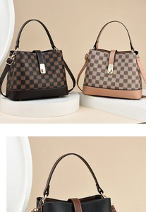 Detail of elegant retro checkered bucket bags in brown and beige with metallic buckles