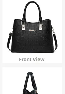 Detailed front and side views of a black crocodile-embossed handbag with gold hardware