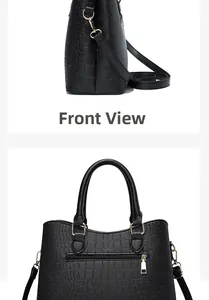 Detailed side and back view of black crocodile pattern tote bag with gold hardware