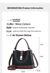 Detailed size guide of black and brown leather bucket bag with 24x10x18cm dimensions