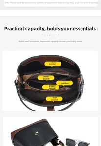 Detail showing the large capacity and multiple inner compartments of the bucket bag