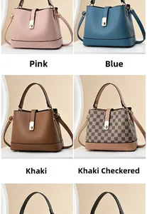 Collage of leather bucket bags showing various colors like pink, blue, and khaki texture