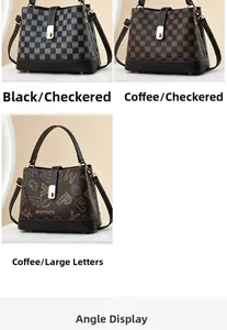 Detail of printed bucket bag with gold hardware lock and leather handles for women