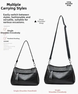 Black pebbled leather bag detail showing detachable long and short shoulder straps