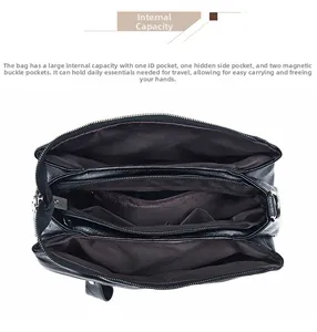 Top view of black leather handbag interior showing multiple compartments and spacious lining